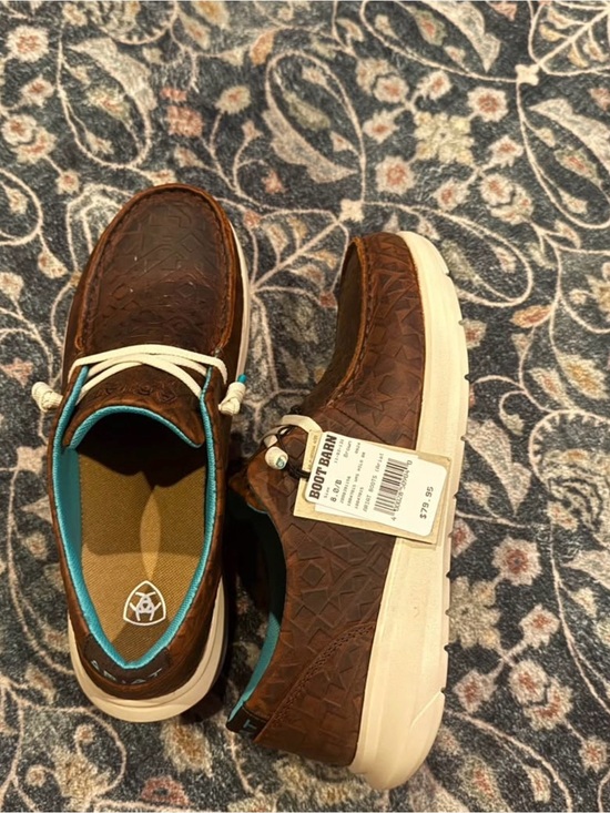 Ariat Shoes - Ariat Women’s Brown Leather Boat Shoes with White Sole and Teal Lining NWT